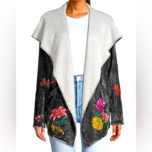 Johnny Was Blooming Sherpa Hooded Jacket Pockets Floral Butterflies Birds XL